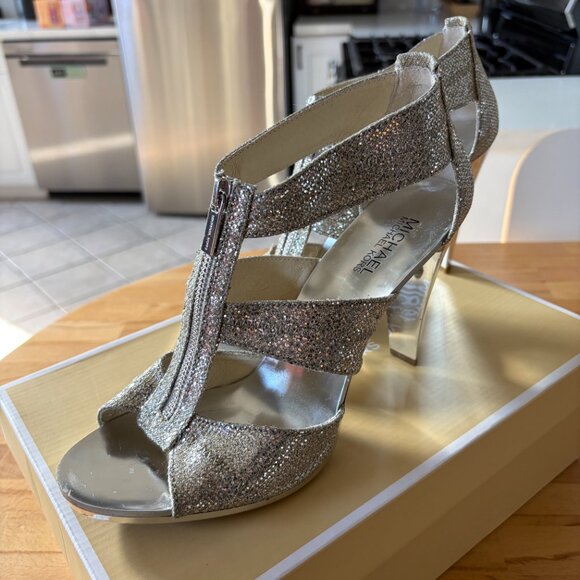 MICHAEL KORS Berkley T-Strap Silver Glitter Leather Heels - Picture 3 of 4